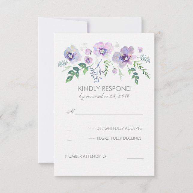 Blue Purple Watercolor Flowers Wedding RSVP Card (Front)