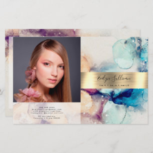 Blue Purple watercolor gold foil bifold brochure