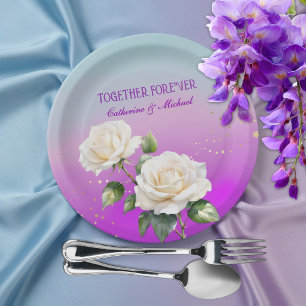 Blue Purple Watercolor Ombre Roses Spring Wedding Paper Plates