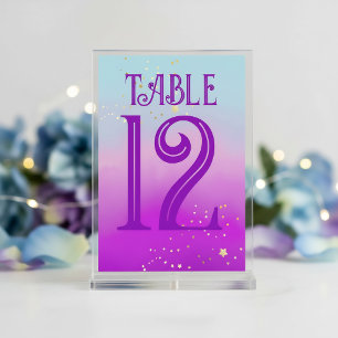 Blue Purple Watercolor Ombre Roses Spring Wedding Table Number