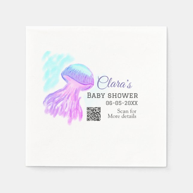 Blue purple watercolor pastel jellyfish baby showe napkins (Front)
