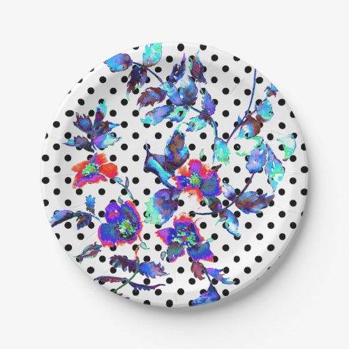 Blue purple watercolor rose painting  polka dots paper plates