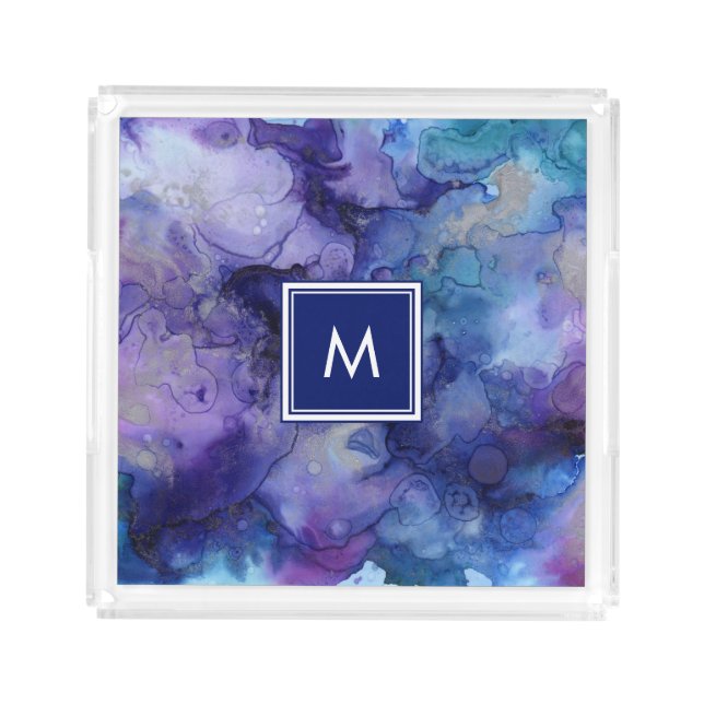Blue purple watercolor splatter splash monogram acrylic tray (Front)