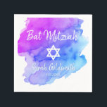 Blue Purple Watercolor Star of David Bat Mitzvah Napkins<br><div class="desc">Perfect modern cocktail disposable paper napkins in blue turquoise purple watercolor design with white Star of David.  Bat Mitzvah easy to personalize by adding name and option date.  Perfect for girl Jewish religious ceremony</div>