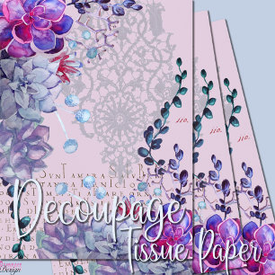 Blue purple watercolor succulents lace text tissue paper