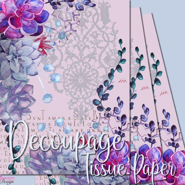 Blue purple watercolor succulents lace text tissue paper (Creator Uploaded)