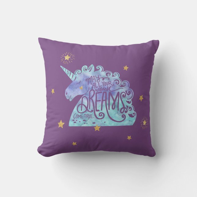 Blue Purple Watercolor Unicorn Throw Pillow (Front)