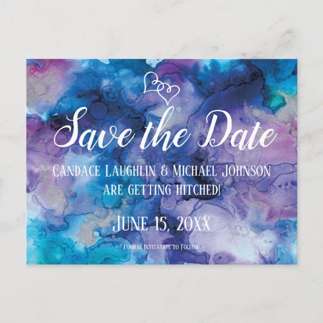 Blue Purple Watercolor Wedding Save the Date Postcard (Front)