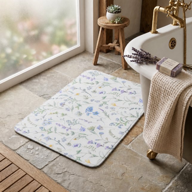 Blue Purple Watercolor Wildflower Bath Mat (Creator Uploaded)
