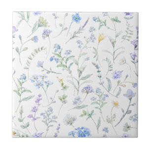 Blue Purple Watercolor Wildflower Ceramic Tile