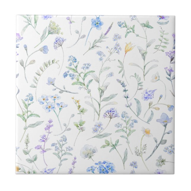 Blue Purple Watercolor Wildflower Ceramic Tile (Front)