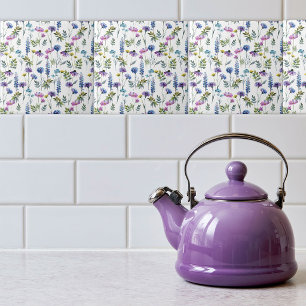 Blue Purple Watercolor Wildflower Ceramic Tile