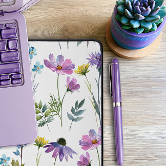 Blue Purple Watercolor Wildflower Desk Mat