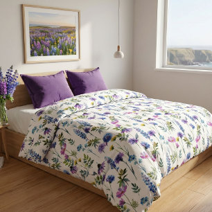 Blue Purple Watercolor Wildflower Duvet Cover