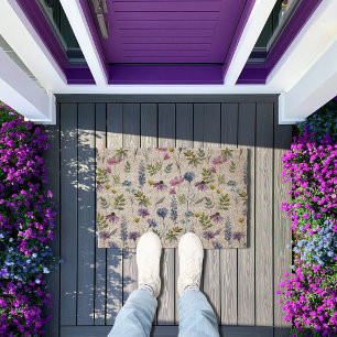 Blue Purple Watercolor Wildflower Fiber Doormat