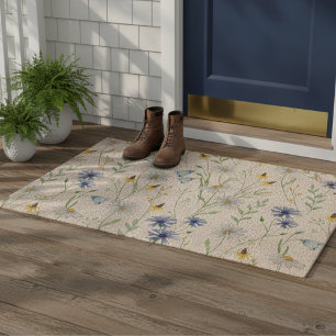 Blue Purple Watercolor Wildflower Fiber Doormat