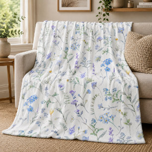 Blue Purple Watercolor Wildflower Fleece Blanket