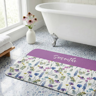 Blue Purple Watercolor Wildflower Monogram Bath Mat