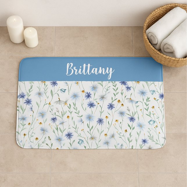 Blue Purple Watercolor Wildflower Monogram Bath Mat (Creator Uploaded)