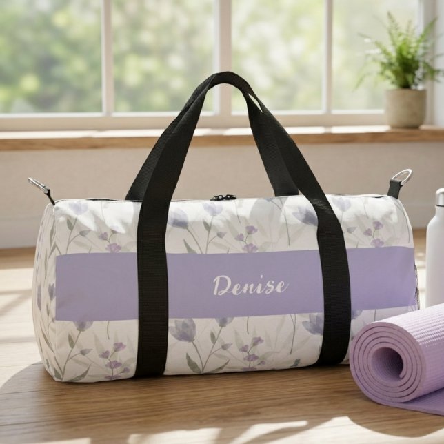 Blue Purple Watercolor Wildflower Monogram Duffle Bag (Creator Uploaded)