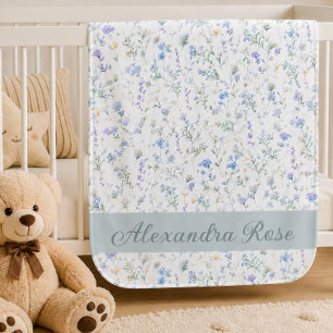 Blue Purple Watercolor Wildflower Monogram Name Baby Blanket