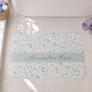 Blue Purple Watercolor Wildflower Monogram Name Bath Mat