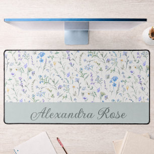 Blue Purple Watercolor Wildflower Monogram Name Desk Mat