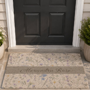 Blue Purple Watercolor Wildflower Monogram Name Fiber Doormat