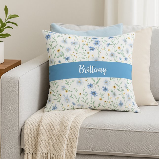 Blue Purple Watercolor Wildflower Monogram Name Throw Pillow (Creator Uploaded)