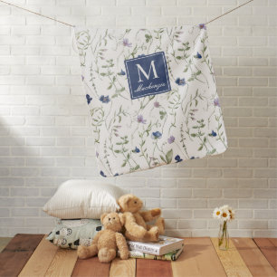 Blue Purple Watercolor Wildflower Name Baby Blanket