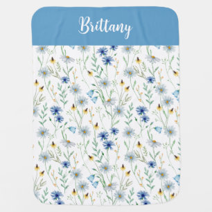 Blue Purple Watercolor Wildflower Name Baby Blanket