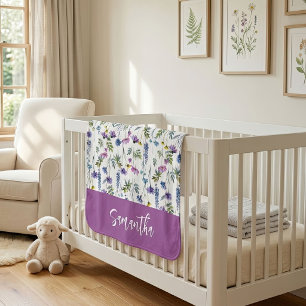Blue Purple Watercolor Wildflower Name Baby Blanket
