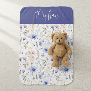 Blue Purple Watercolor Wildflower Name Baby Blanket