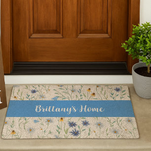 Blue Purple Watercolor Wildflower Name Fiber Doormat