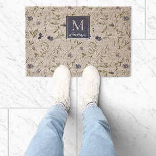 Blue Purple Watercolor Wildflower Name Fiber Doormat