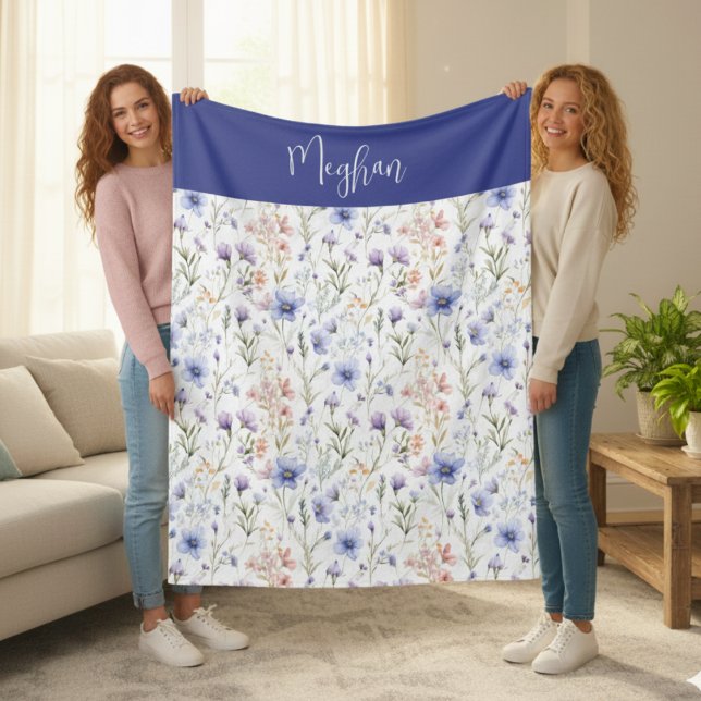 Blue Purple Watercolor Wildflower Name Fleece Blanket (Creator Uploaded)