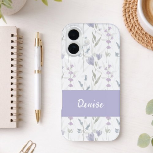 Blue Purple Watercolor Wildflower Name iPhone 16 Case