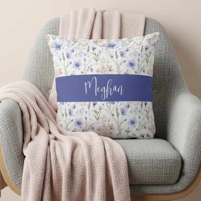 Blue Purple Watercolor Wildflower Name Monogram Throw Pillow (Creator Uploaded)