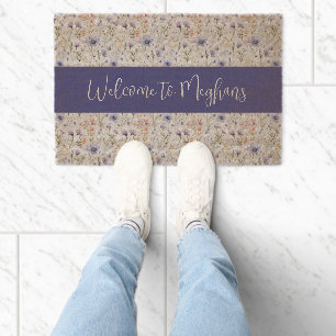 Blue Purple Watercolor Wildflower Name Welcome Fiber Doormat