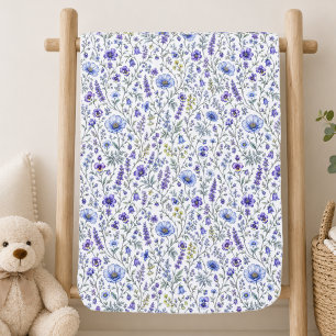 Blue Purple Watercolor Wildflower Pattern Baby Blanket
