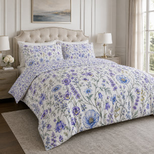 Blue Purple Watercolor Wildflower Pattern Duvet Cover