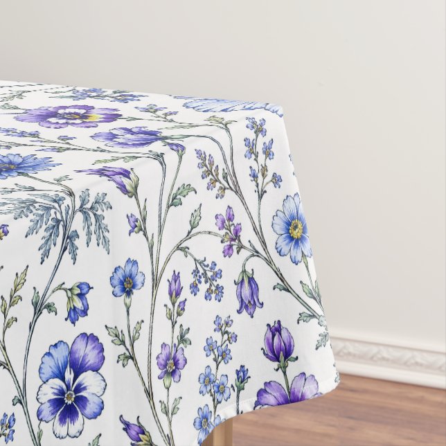 Blue Purple Watercolor Wildflower Pattern Tablecloth (In Situ)