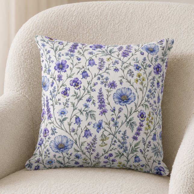 Blue Purple Watercolor Wildflower Pattern Throw Pillow (Creator Uploaded)