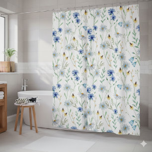 Blue Purple Watercolor Wildflower Shower Curtain