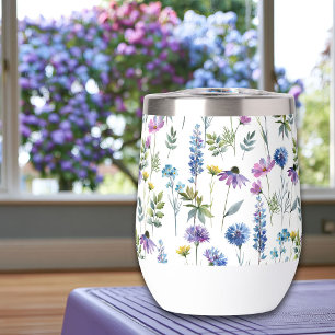 Blue Purple Watercolor Wildflower Thermal Wine Tumbler