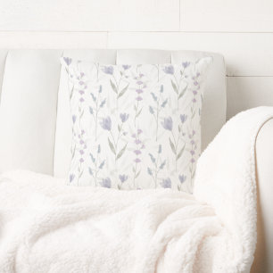 Blue Purple Watercolor Wildflower Throw Pillow