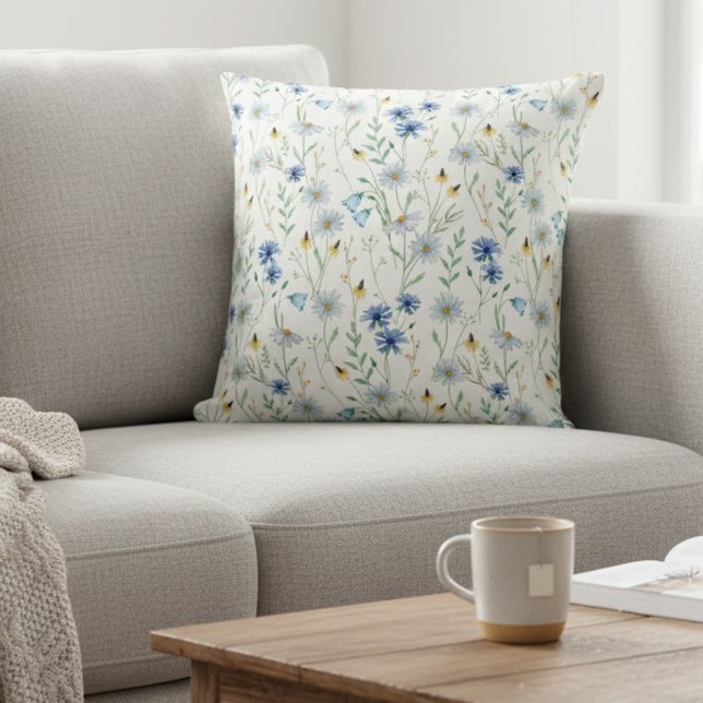 Blue Purple Watercolor Wildflower Throw Pillow (Creator Uploaded)