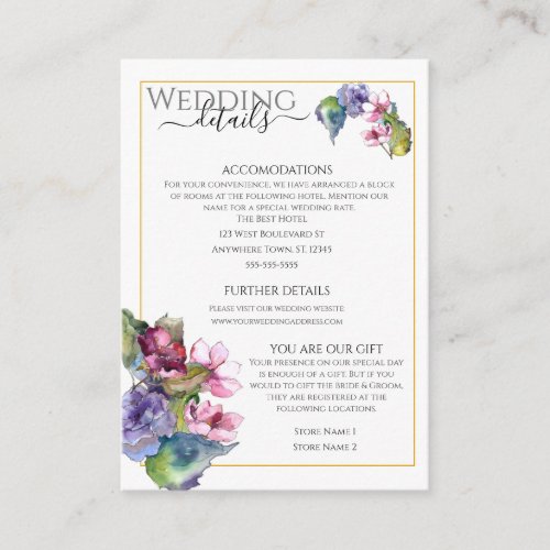 Blue Purple Wedding Flowers  Wedding Enclosure Card