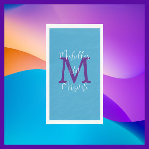 Blue Purple White Bat Mitzvah Name Monogram  Paper Guest Towels