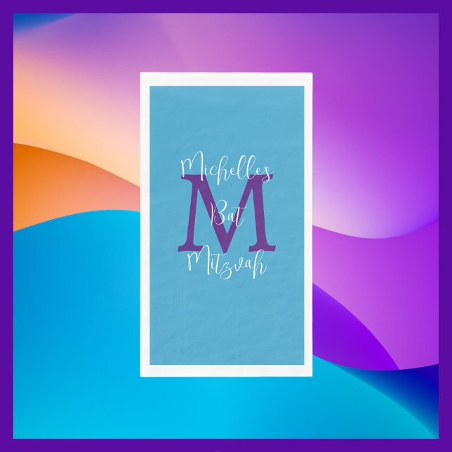Blue Purple White Bat Mitzvah Name Monogram  Paper Guest Towels (Creator Uploaded)